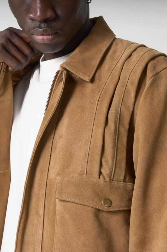Barneys Originals Barneys Originals Men's Pleated Real Suede Harrington Jacket in Tan - 3