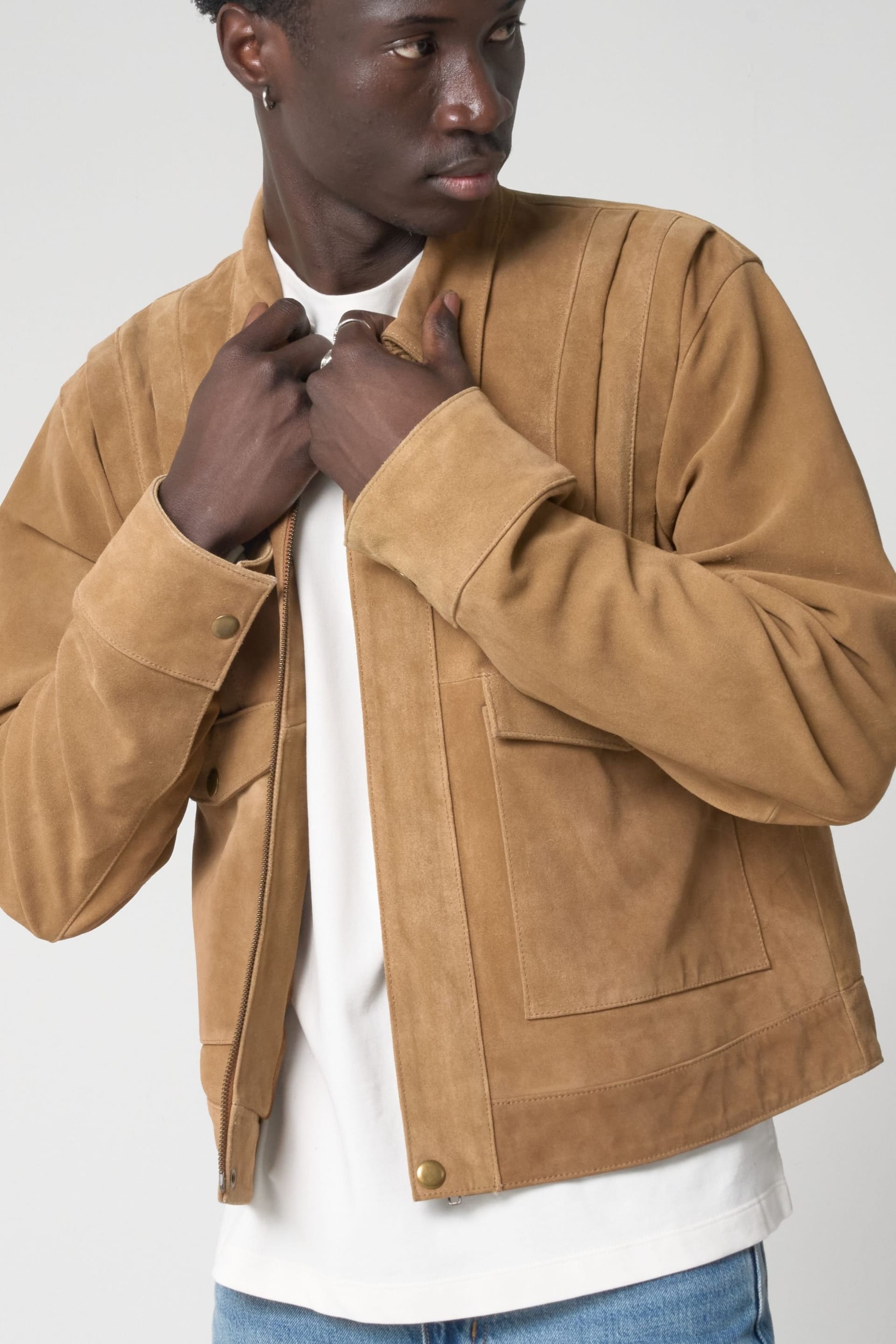 Barneys Originals Barneys Originals Men's Pleated Real Suede Harrington Jacket in Tan - 4