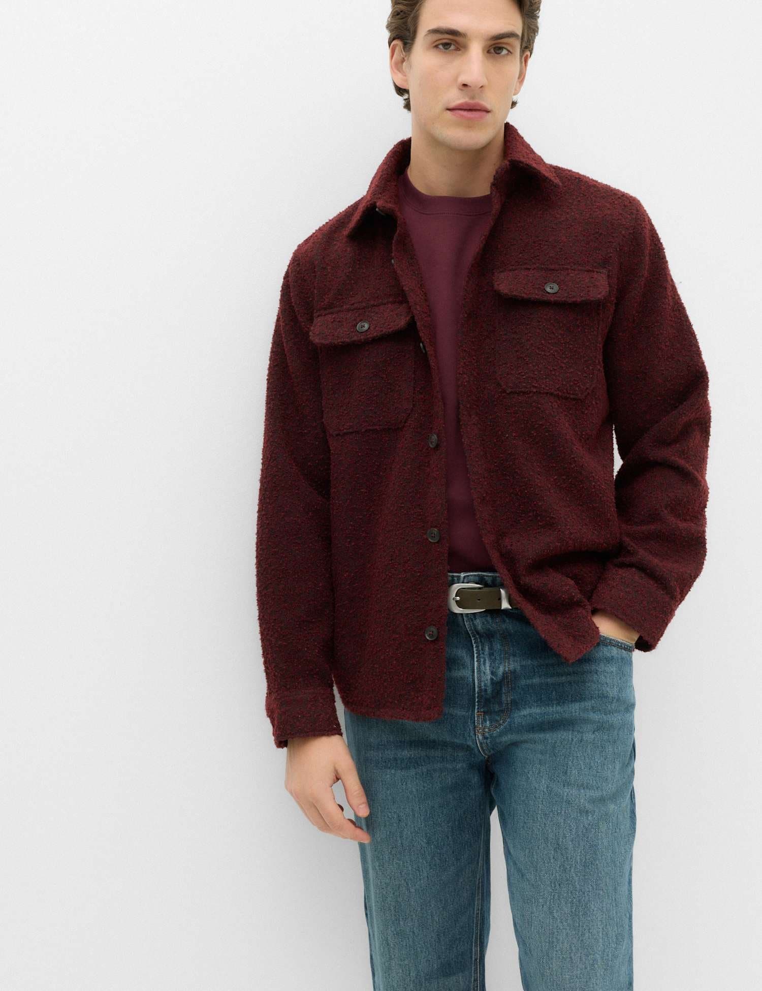 Marks & Spencer M&S Regular Fit Boucle Textured Overshirt Burgundy