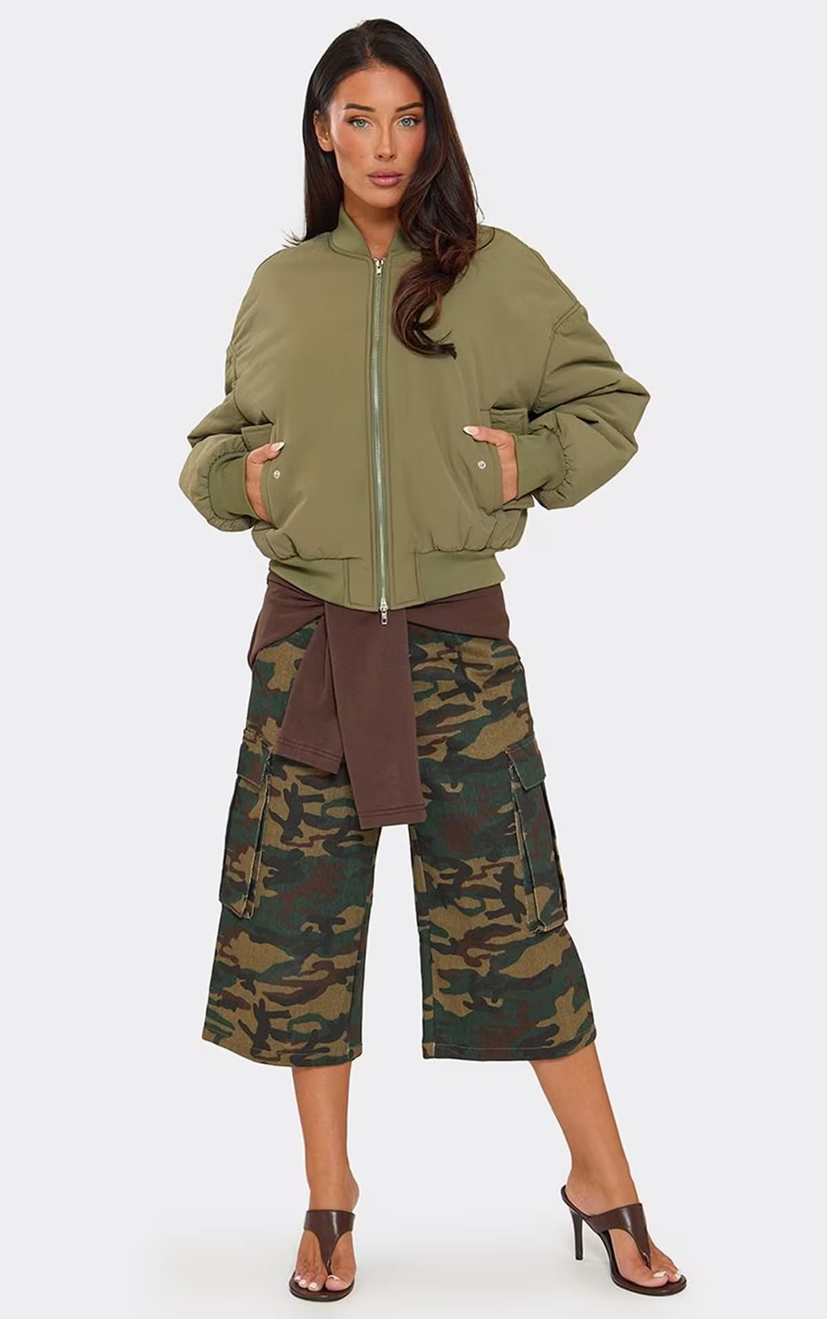 EGO Long Sleeve Oversized Bomber Shell Puffer Jacket In Khaki, Women's Size UK 6