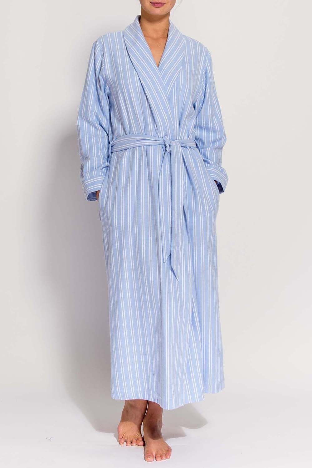 British Boxers British Boxers Women's 'Westwood' Blue Stripe Brushed Cotton Dressing Gown in Light Blue - 2