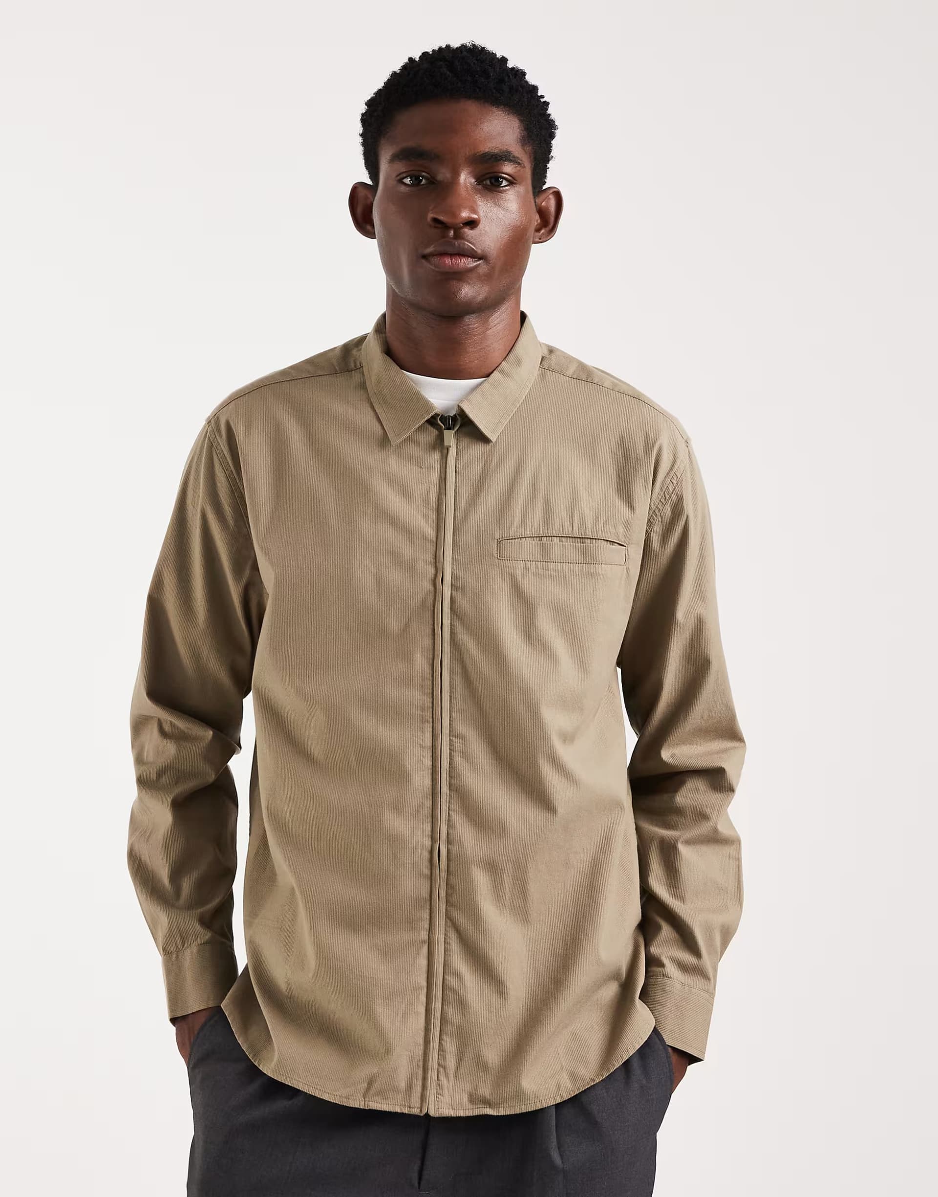 ASOS ASOS Relaxed Zip-Up Ribbed Shirt in Khaki