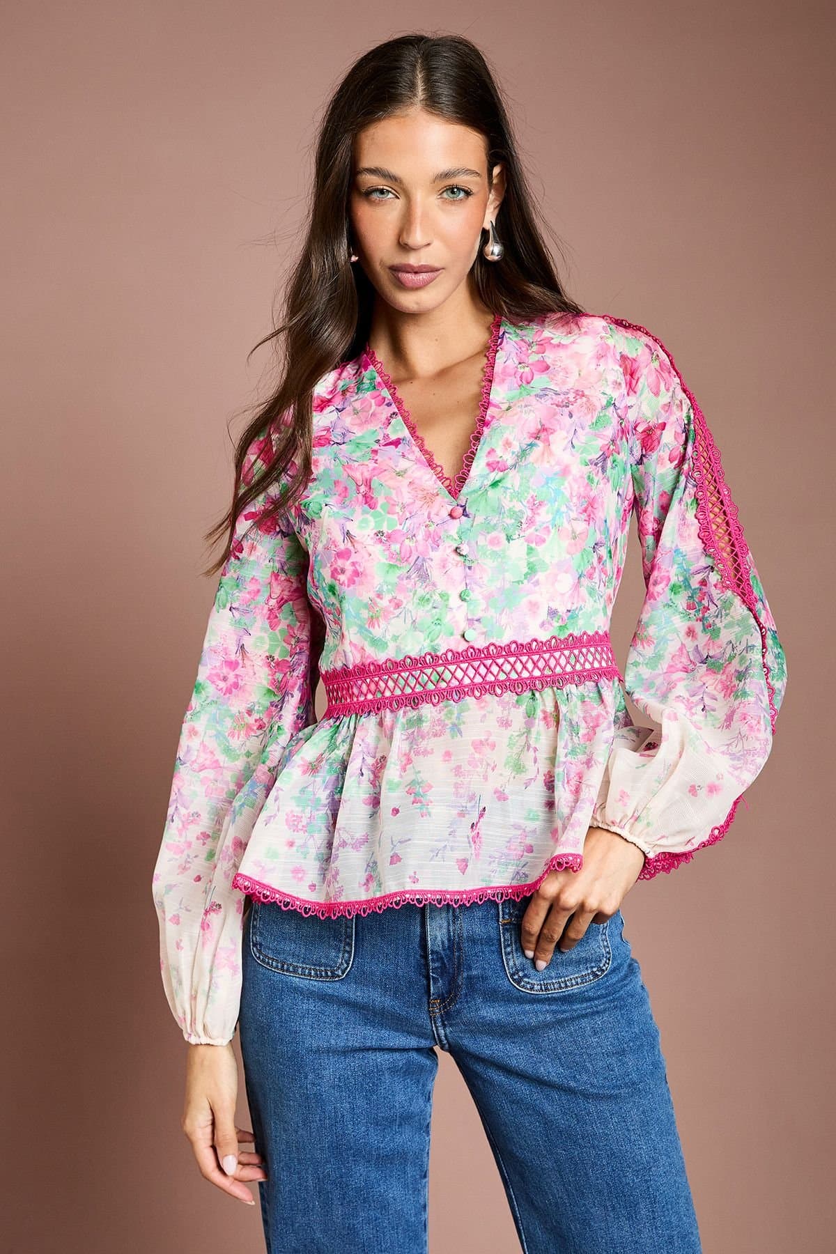 Coast Coast Pink Floral Organza Blouse with Blouson Sleeves