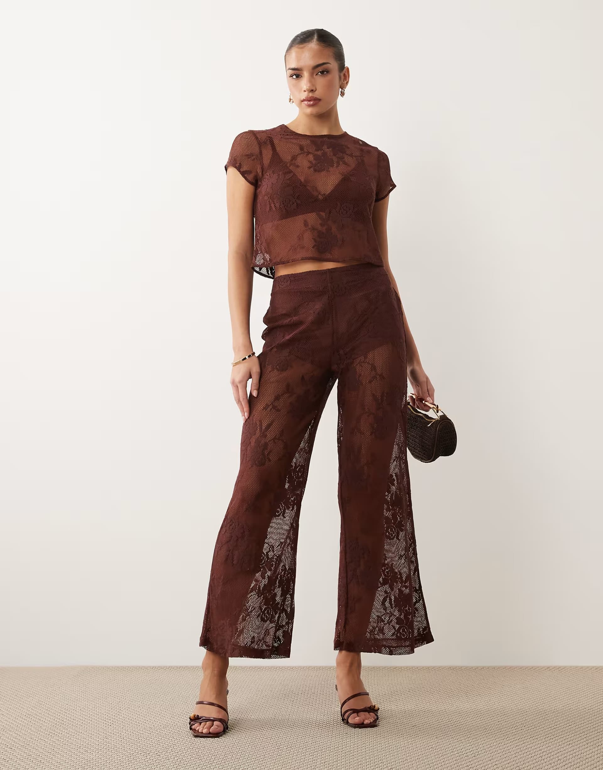 ASOS ASOS DESIGN co-ord crochet floral lace flare trouser in chocolate