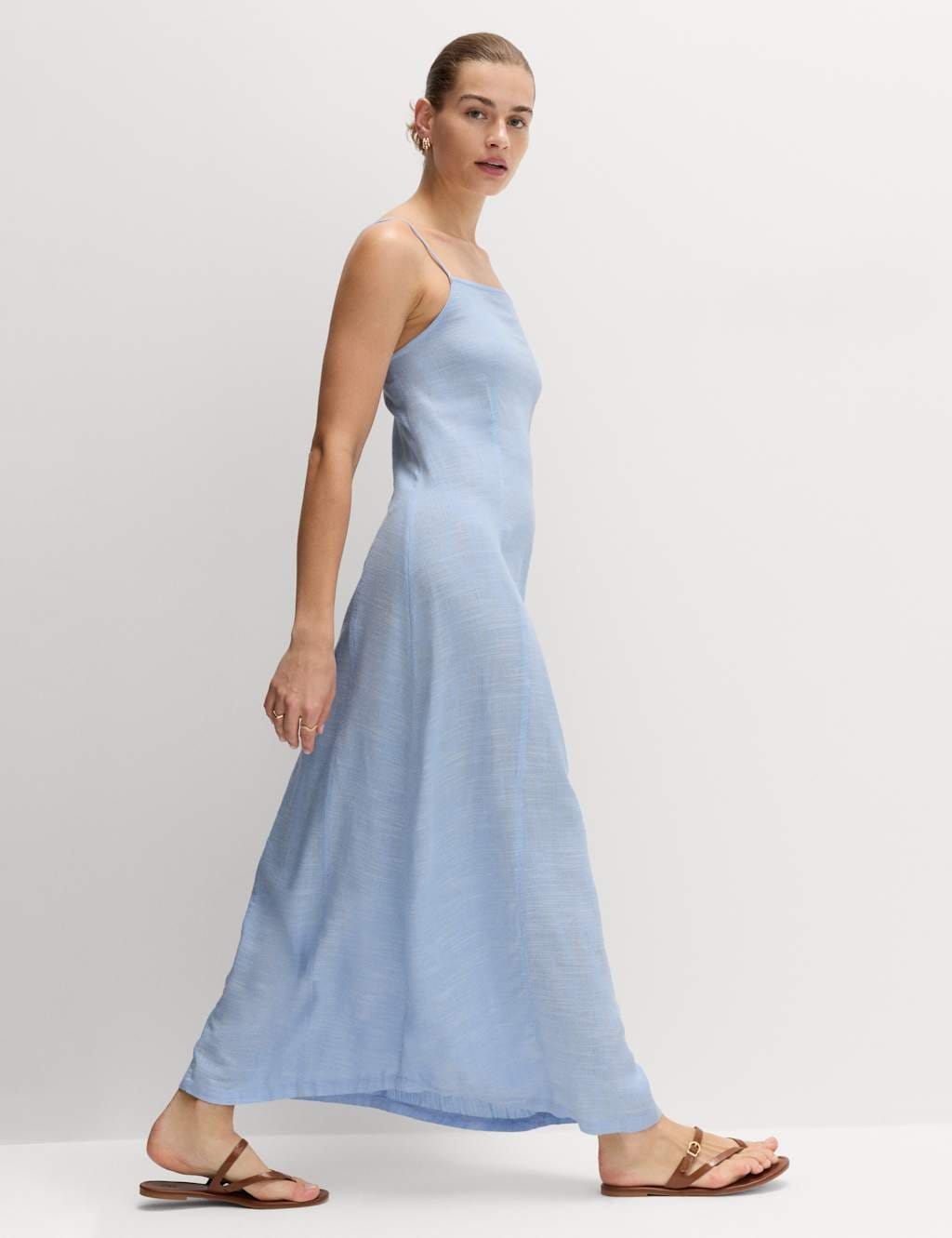 Marks & Spencer M&S Square Neck Strappy Maxi Shift Dress with Linen Chambray - 1