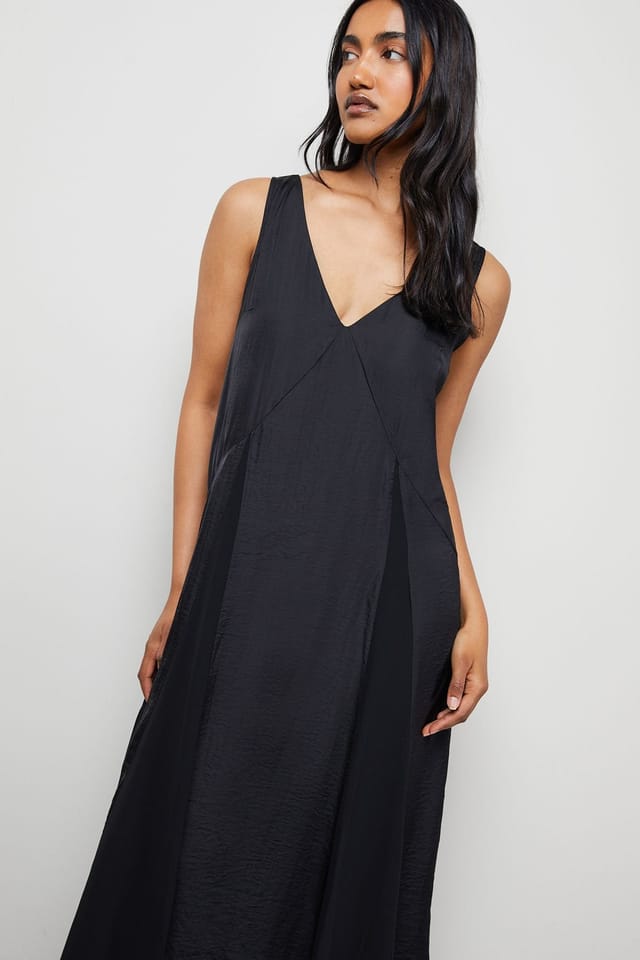 Warehouse Warehouse Women's Satin Sleeveless Asymmetric Hem Chiffon Godet Midi Dress in Black - 2