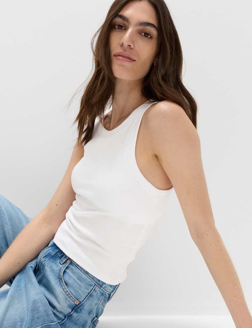 Marks & Spencer M&S Cotton Rich Ribbed Scoop Neck Bra Vest Top White - 1