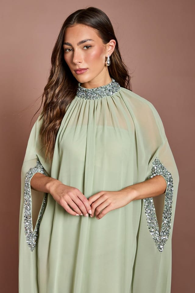 Coast Coast Women's Chiffon Cape Style Sequin Maxi Dress in Sage - 2