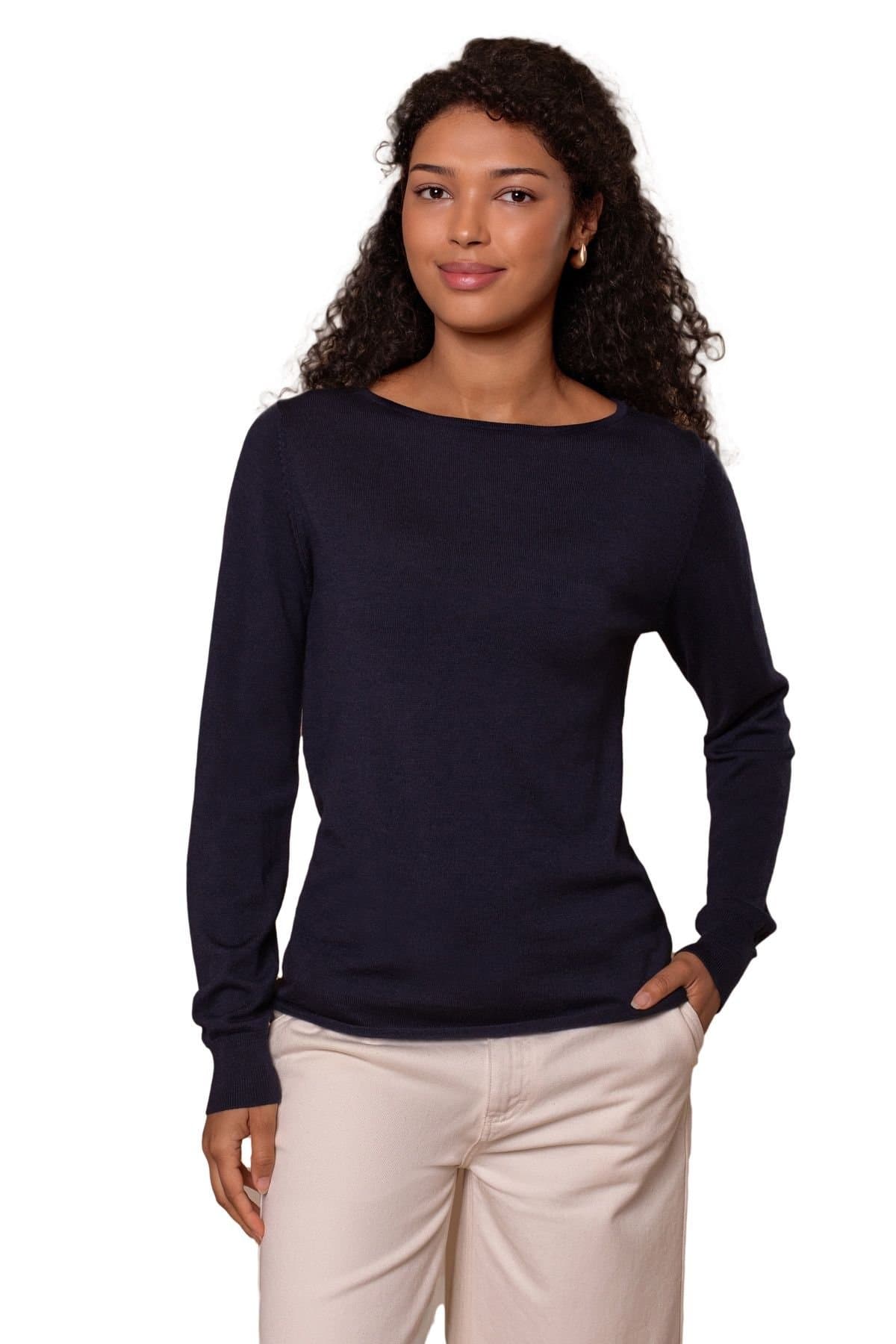 Celtic & Co Celtic & Co Women's Merino Fine Knit Boat Neck Sweater in Dark Navy