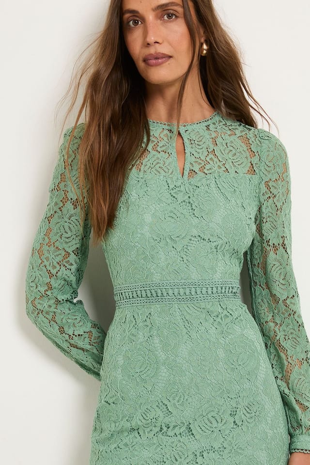Wallis Wallis Women's Lace High Neck Ruffle Midi Dress in Green - 2