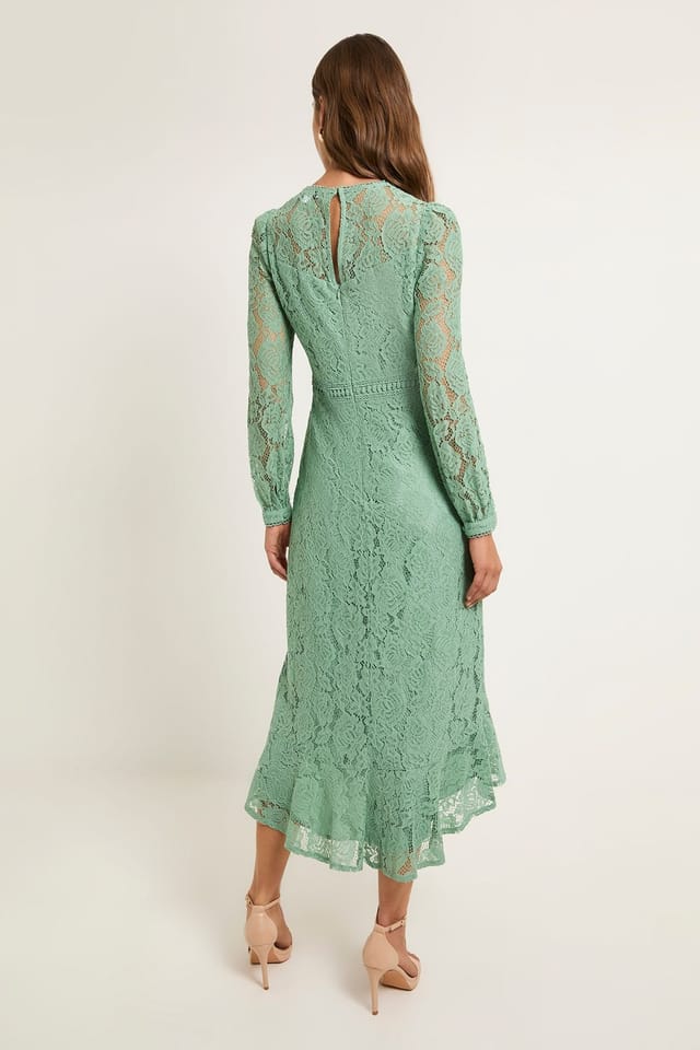 Wallis Wallis Women's Lace High Neck Ruffle Midi Dress in Green - 3