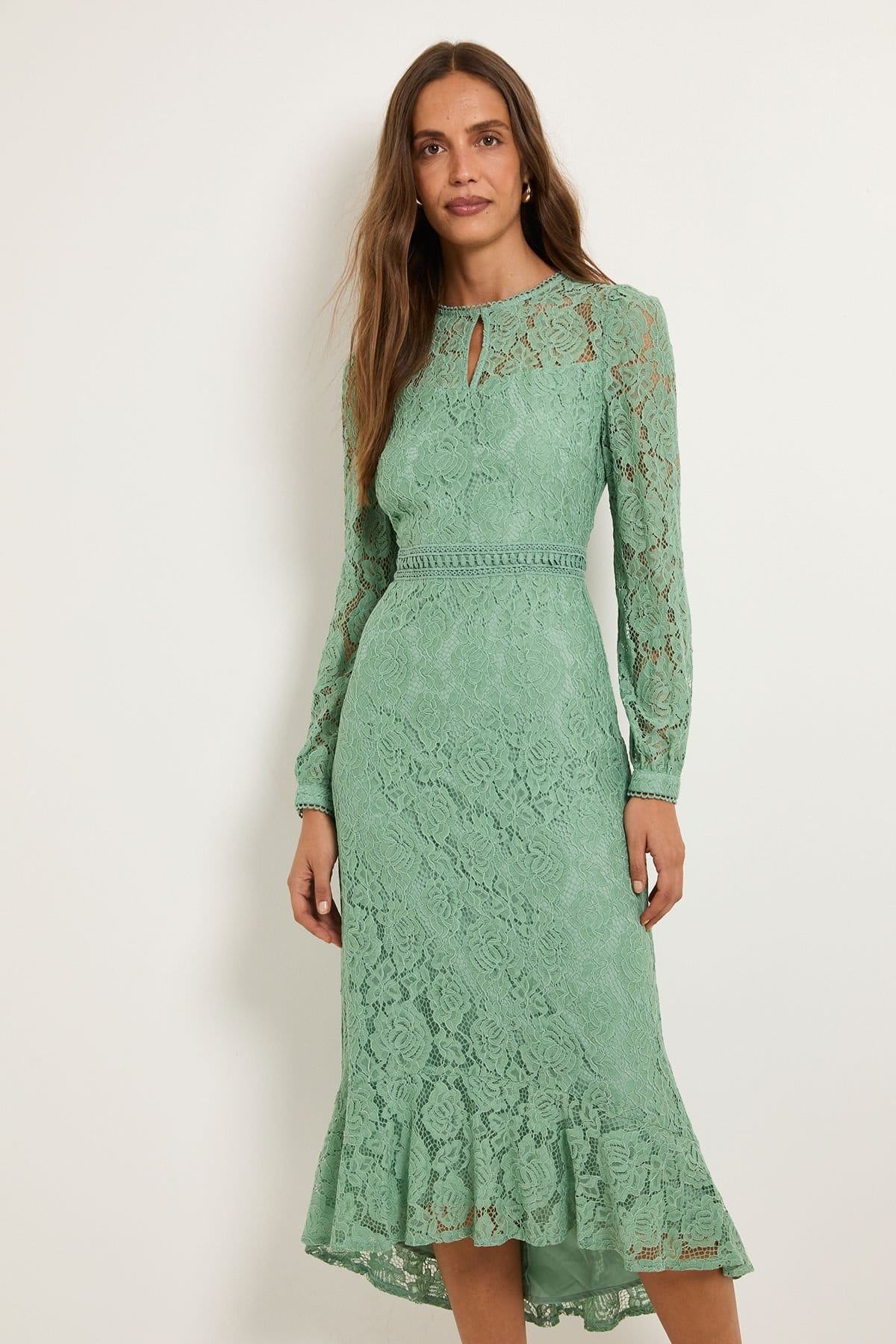 Wallis Wallis Women's Lace High Neck Ruffle Midi Dress in Green - 4