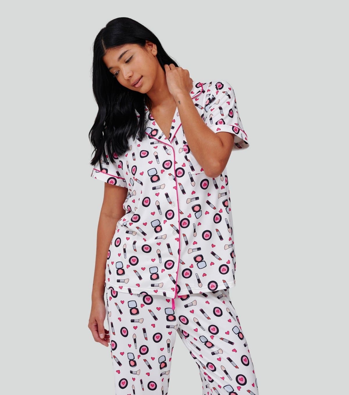 Loungeable Women's Pink Makeup Print Short Sleeve Pyjama Set Loungeable New Look