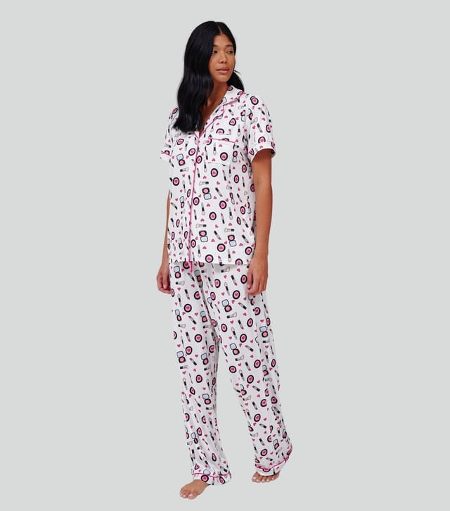 Loungeable Women's Pink Makeup Print Short Sleeve Pyjama Set Loungeable New Look - 2