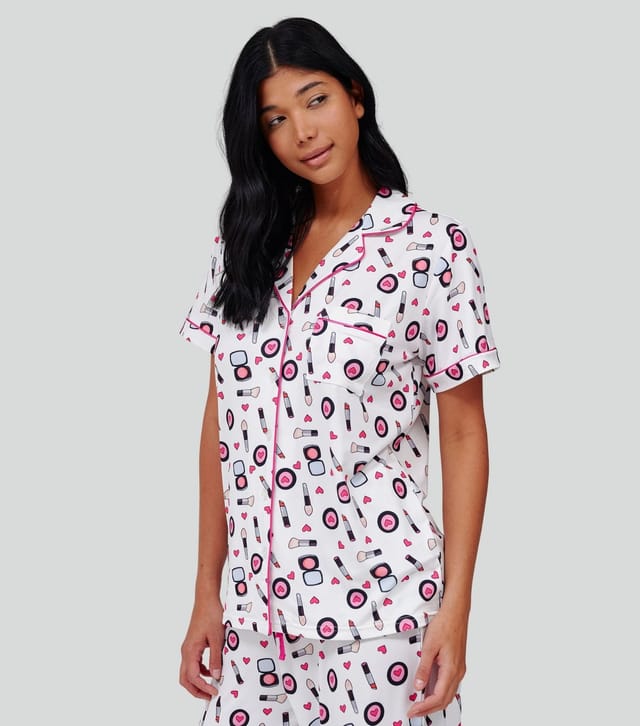 Loungeable Women's Pink Makeup Print Short Sleeve Pyjama Set Loungeable New Look - 3