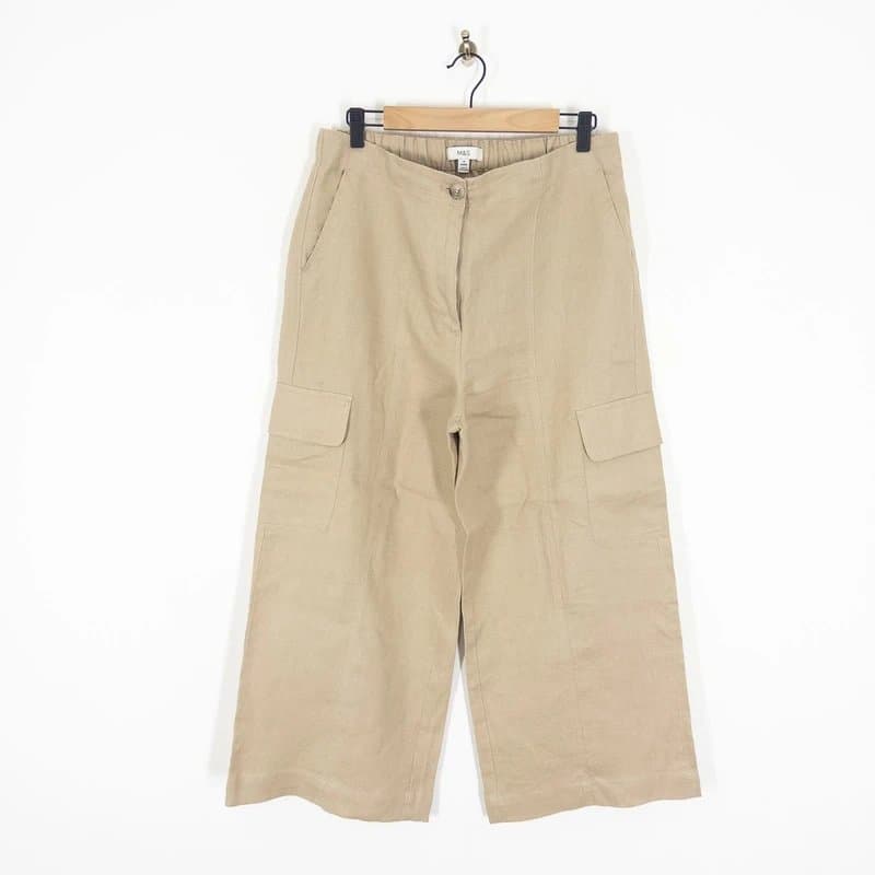 Marks & Spencer M&S Pure Linen Trousers Size 14 Short Petite Wide Leg Cargo Pocket Buff Beige