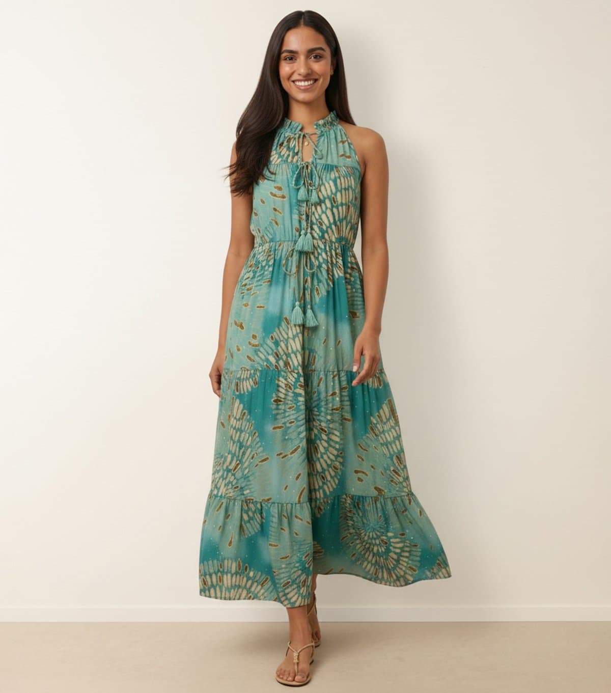 Blue Vanilla Women's Turquoise Tiered Tie Neck Maxi Dress Blue Vanilla New Look