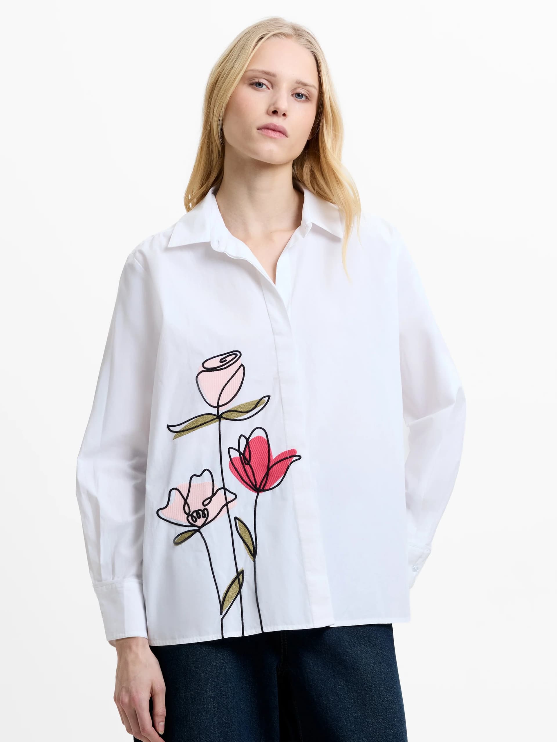 French Connection Cambria Cotton Floral Embroidered White Shirt Linen White Multicoloured