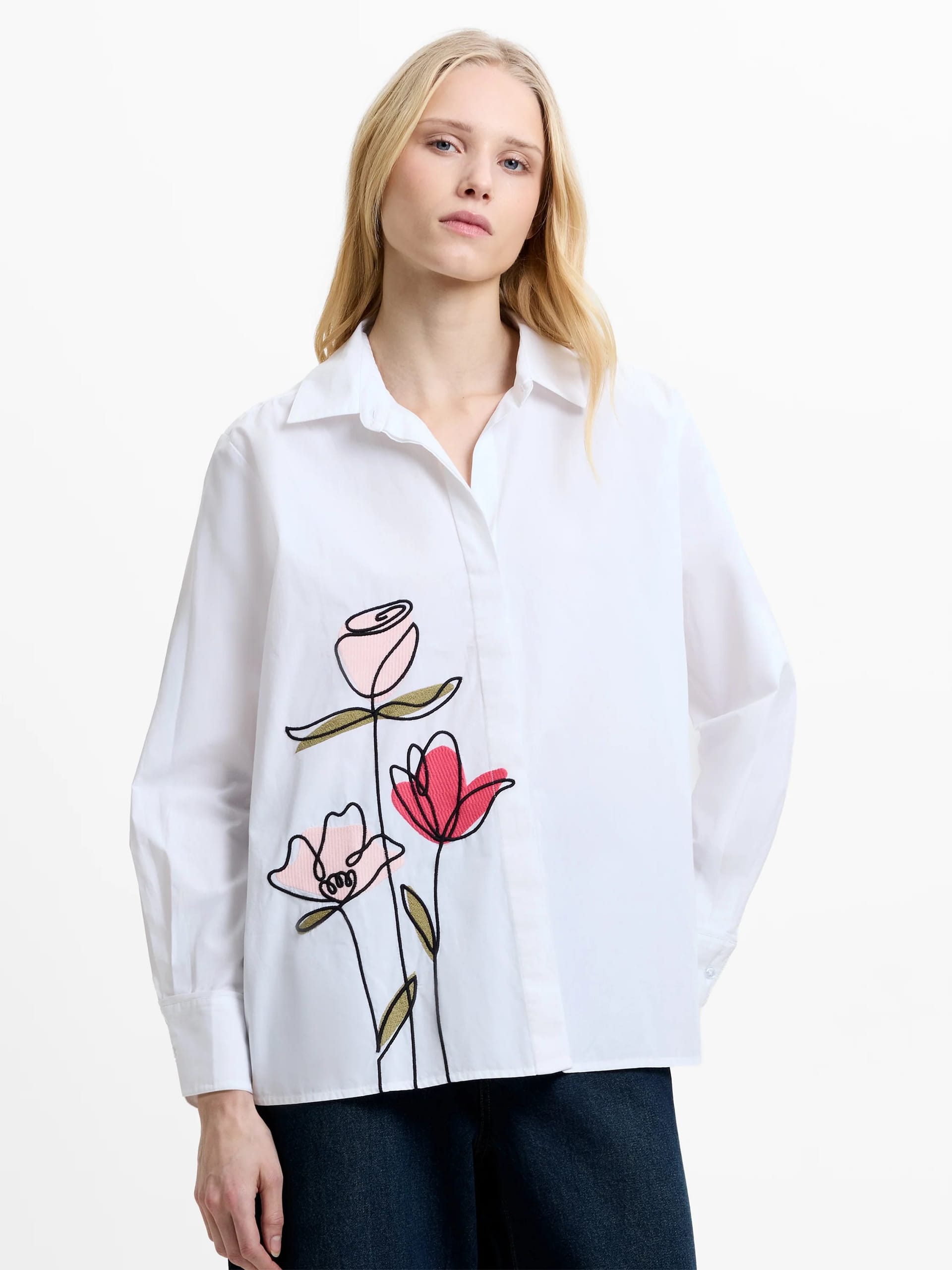 French Connection White Floral Embroidered Cotton Shirt