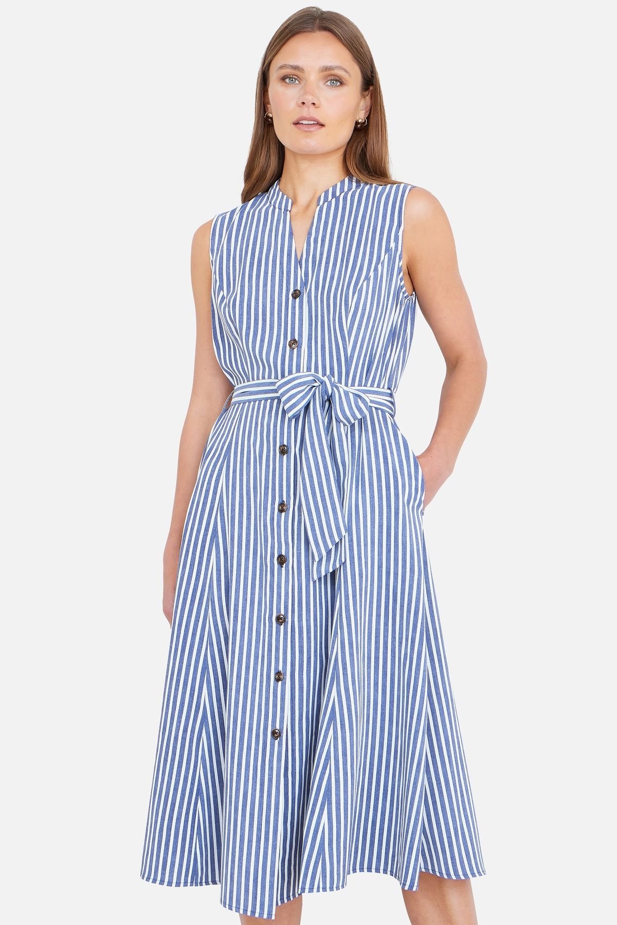 Yumi Yumi Women's Stripe Midi Sleeveless Shirt Dress in Mid Navy - 1