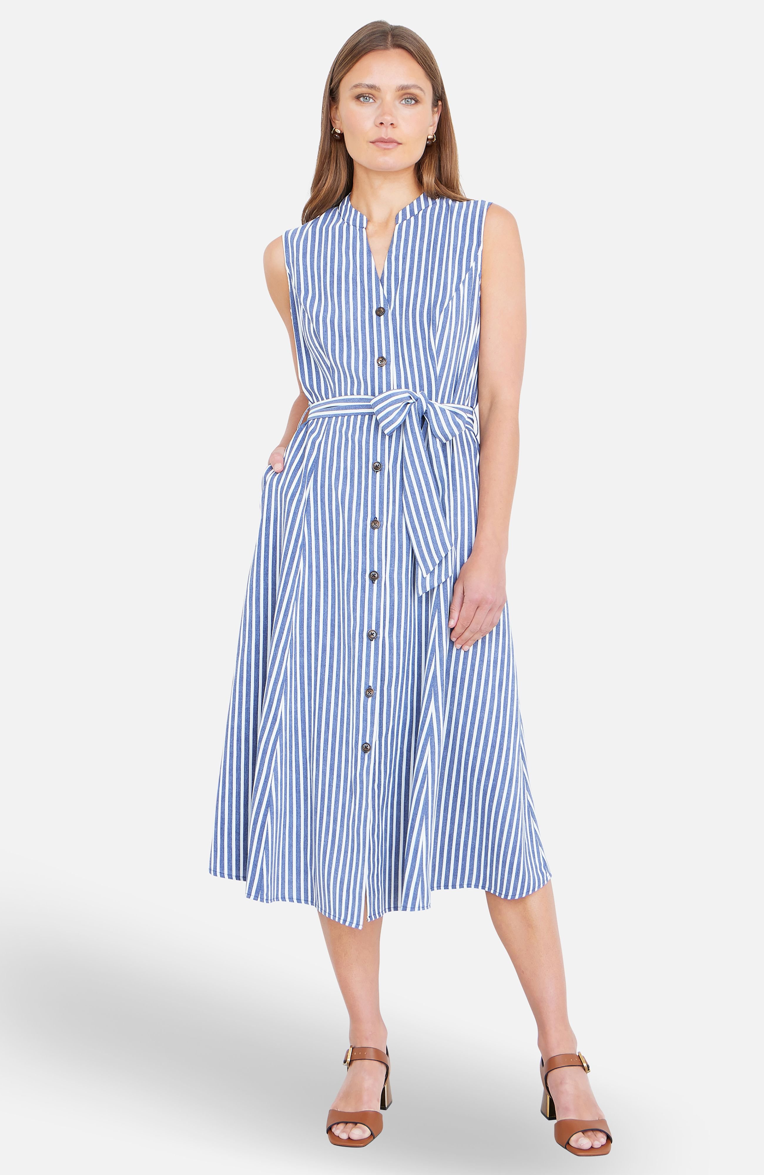 Yumi Yumi Women's Stripe Midi Sleeveless Shirt Dress in Mid Navy - 2