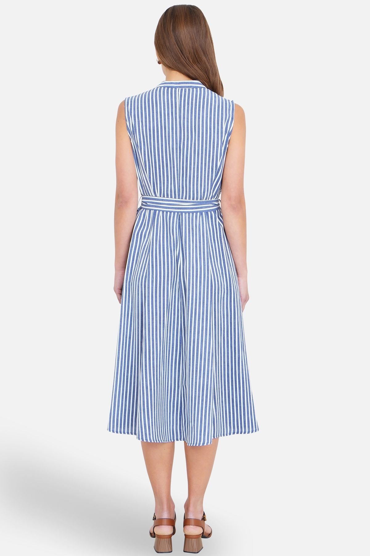 Yumi Yumi Women's Stripe Midi Sleeveless Shirt Dress in Mid Navy - 3