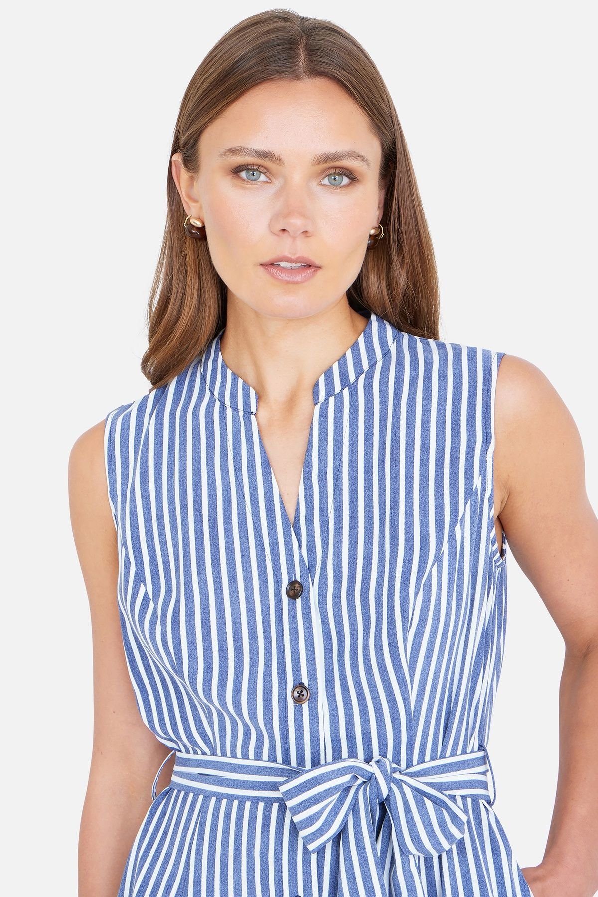 Yumi Yumi Women's Stripe Midi Sleeveless Shirt Dress in Mid Navy - 4