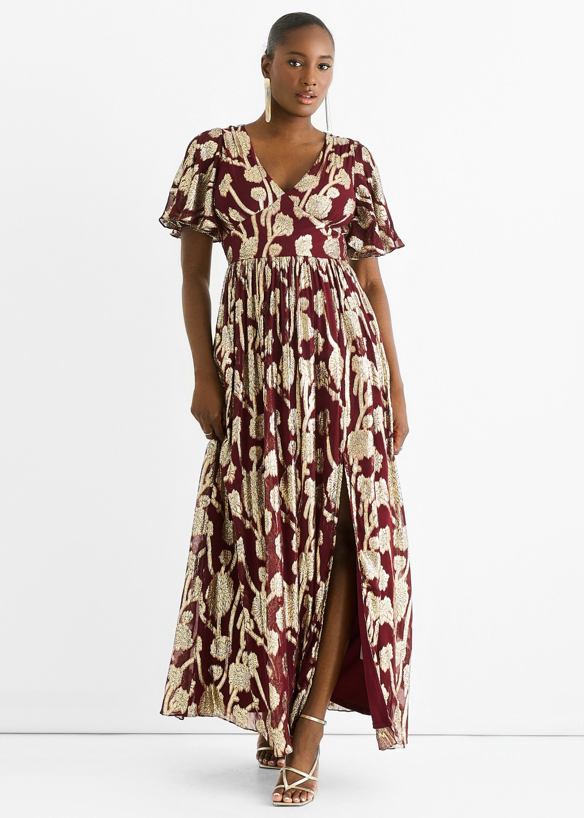 Gini London Gini London Women's Burgundy Metallic Jacquard Flutter Sleeves Floral Maxi Dress - 2