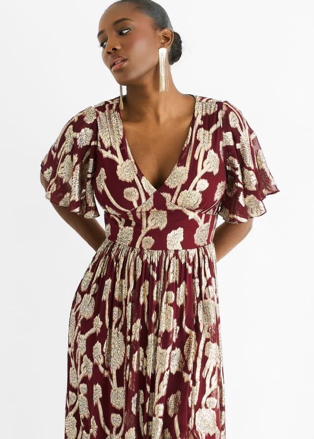Gini London Gini London Women's Burgundy Metallic Jacquard Flutter Sleeves Floral Maxi Dress - 3
