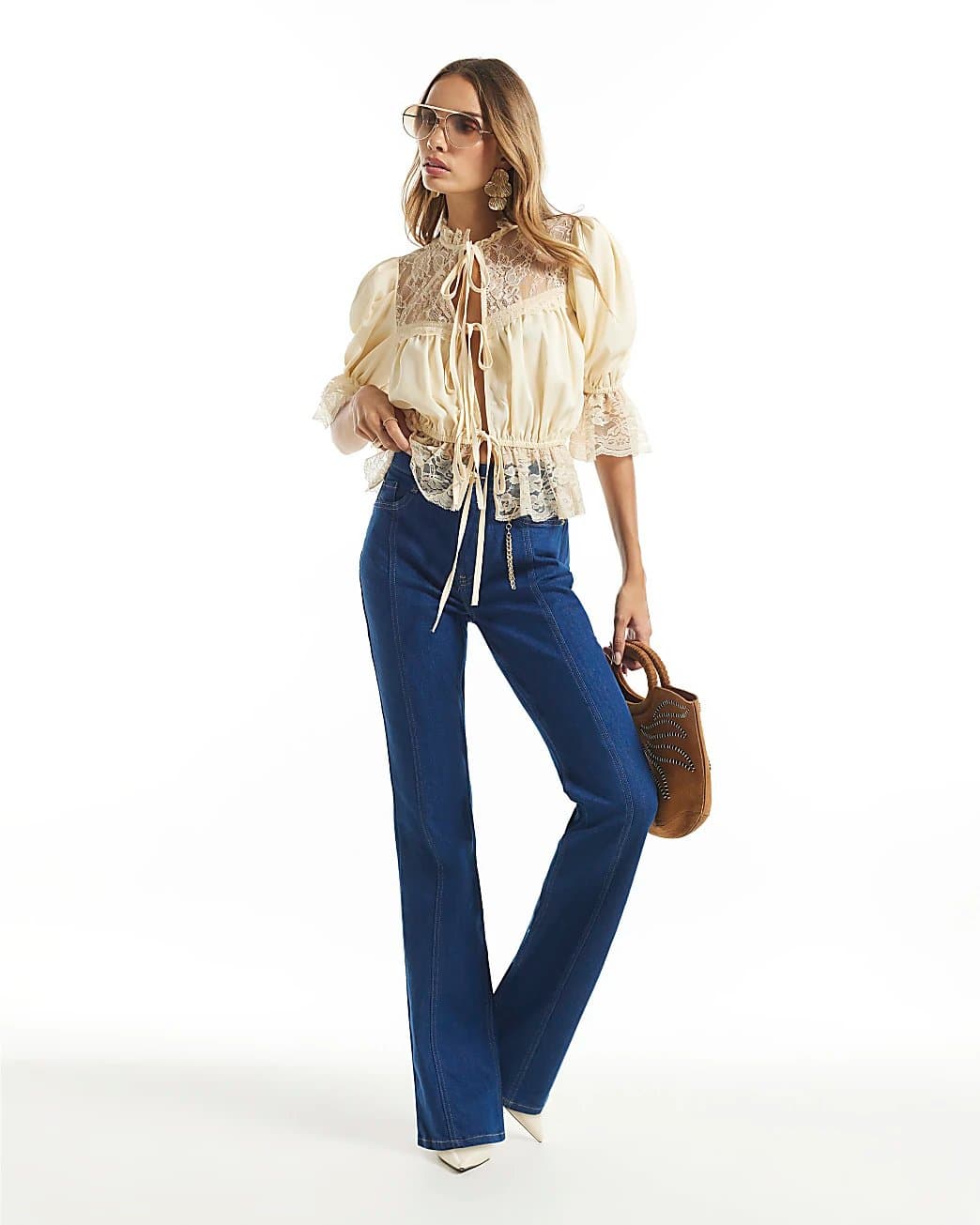 River Island River Island Womens Blue High Waisted Chain Charm Bootcut Jeans