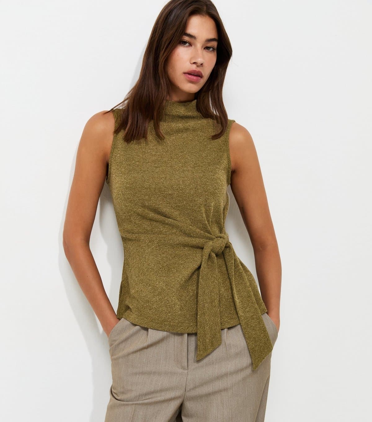 New Look Women's Light Khaki Knotted High Neck Sleeveless Top New Look