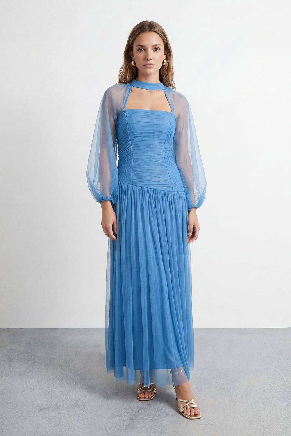 Warehouse Warehouse Women's Petite Bow Detail Gathered Tulle Maxi Dress with Open Neck in Blue - 2