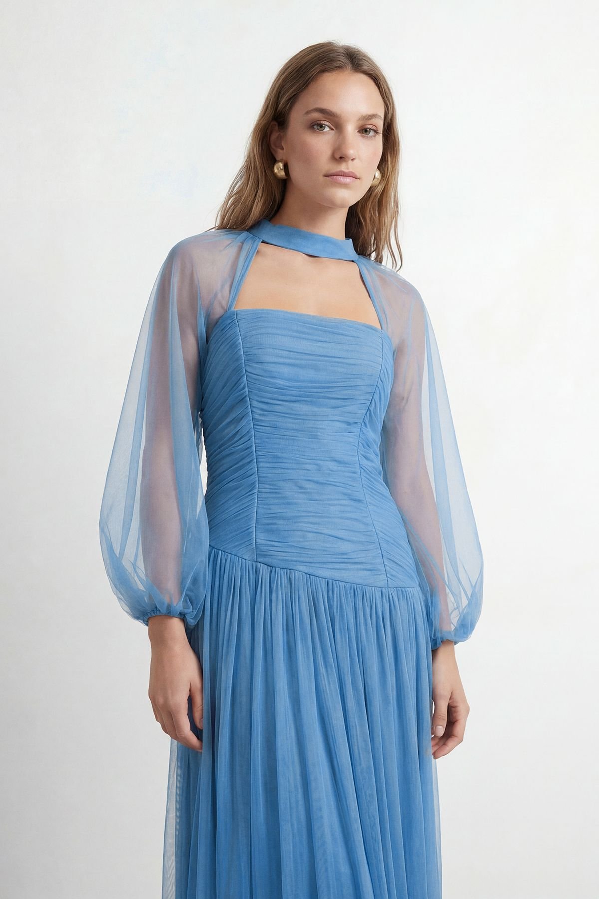 Warehouse Warehouse Women's Petite Bow Detail Gathered Tulle Maxi Dress with Open Neck in Blue - 4