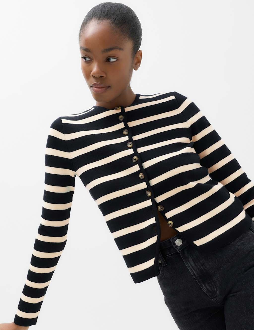 Marks & Spencer M&S Cotton Rich Striped Slim Fit Cardigan Black Mix