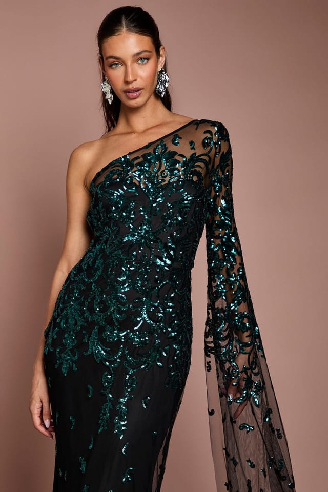 Coast Coast Women's One Shoulder Maxi Dress In Lace With Cape Sleeve in Emerald - 2