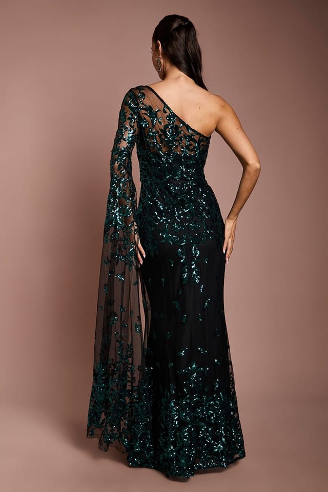 Coast Coast Women's One Shoulder Maxi Dress In Lace With Cape Sleeve in Emerald - 3