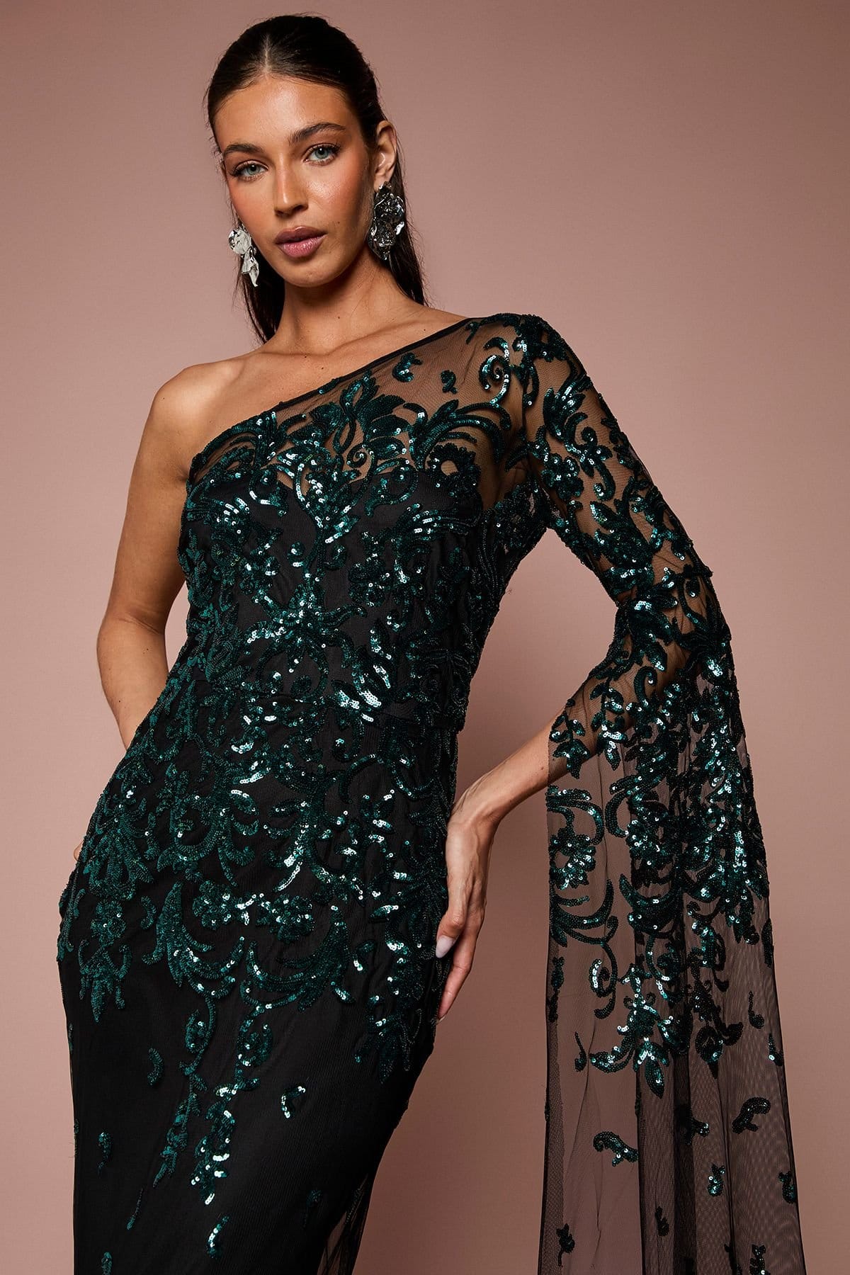 Coast Coast Women's One Shoulder Maxi Dress In Lace With Cape Sleeve in Emerald - 4