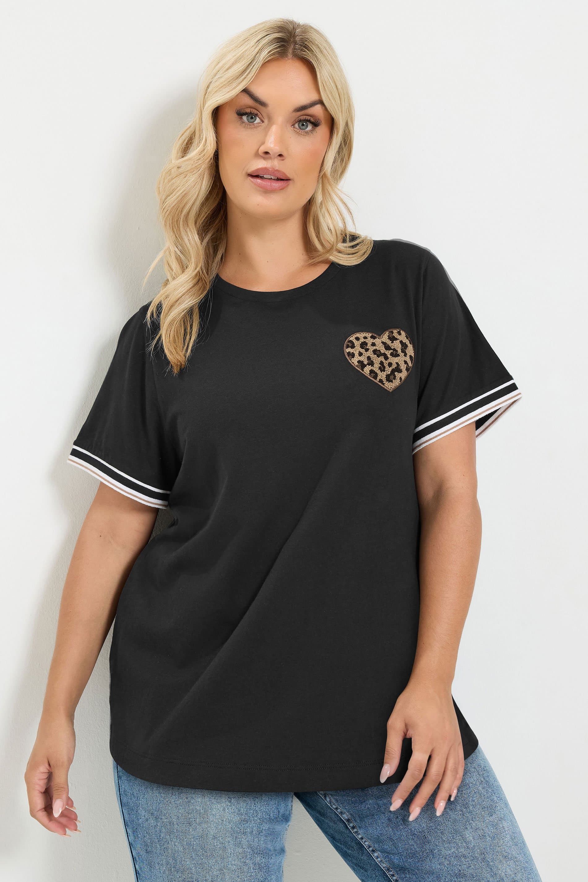 Yours Plus Size Black Boucle Leopard Heart Tee