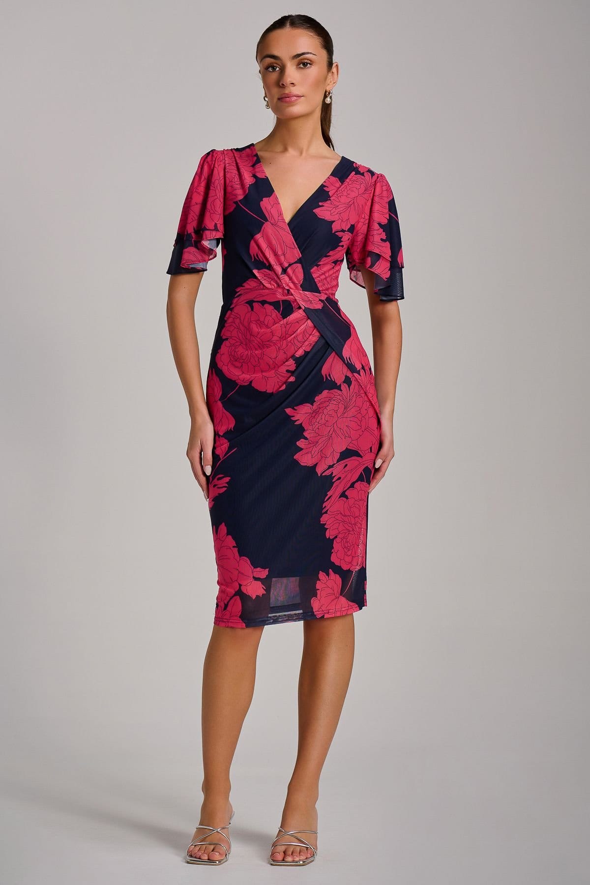 Jolie Moi Jolie Moi Women's Angel Sleeve Ruched Mesh Bodycon Dress in Dark Navy - 4