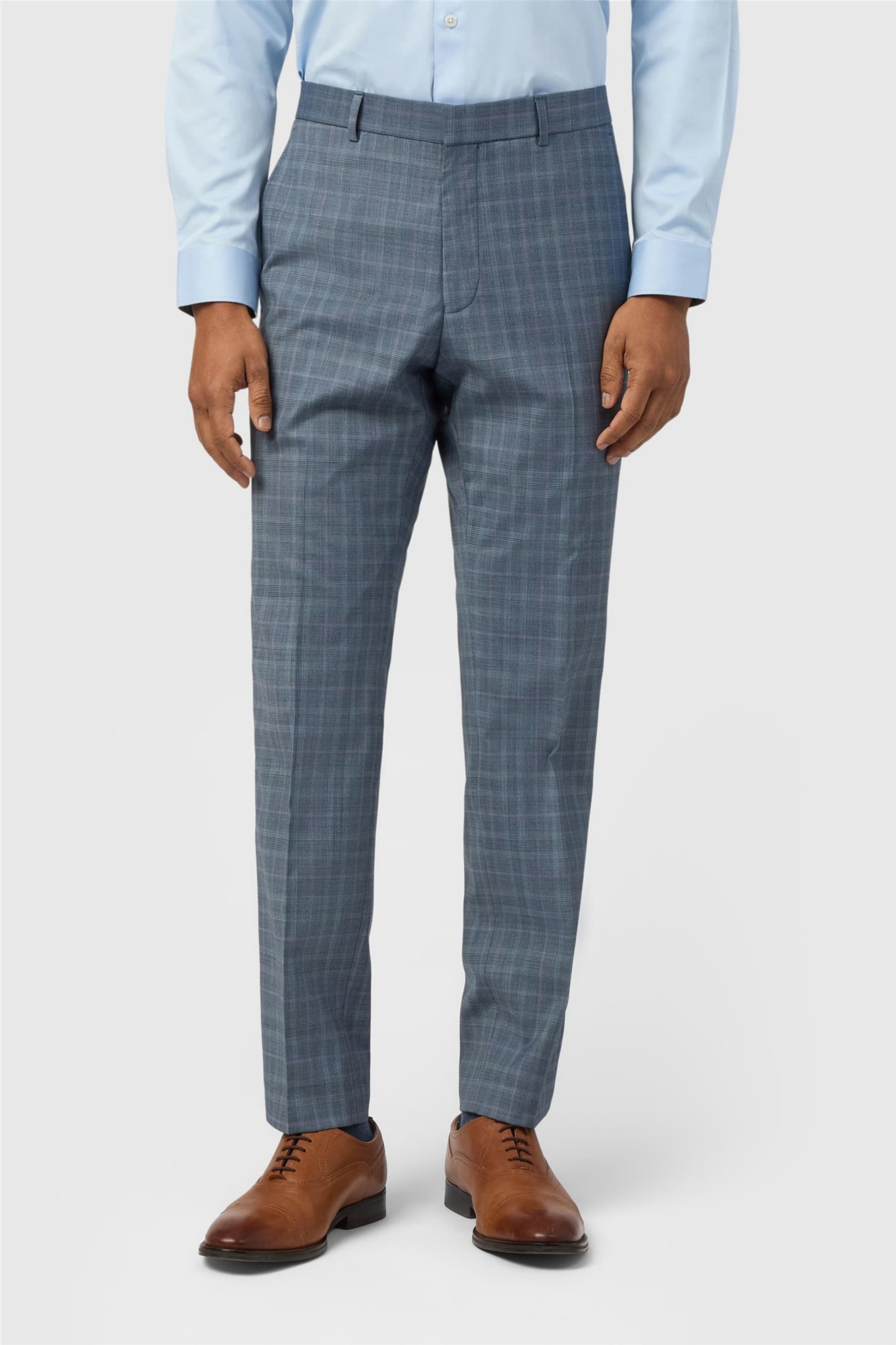 Ted Baker Ted Baker Men's Flat Fronted Checked Slim Fit Suit Trousers in Mid Blue