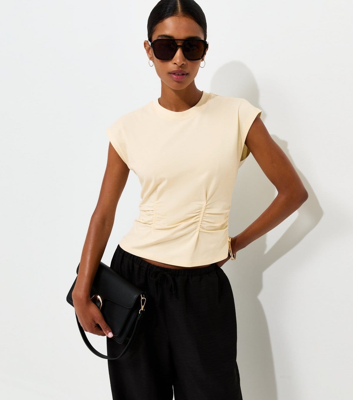 Women's Light Yellow Cotton Rich Ruched Waist Cap Sleeve T-Shirt New Look