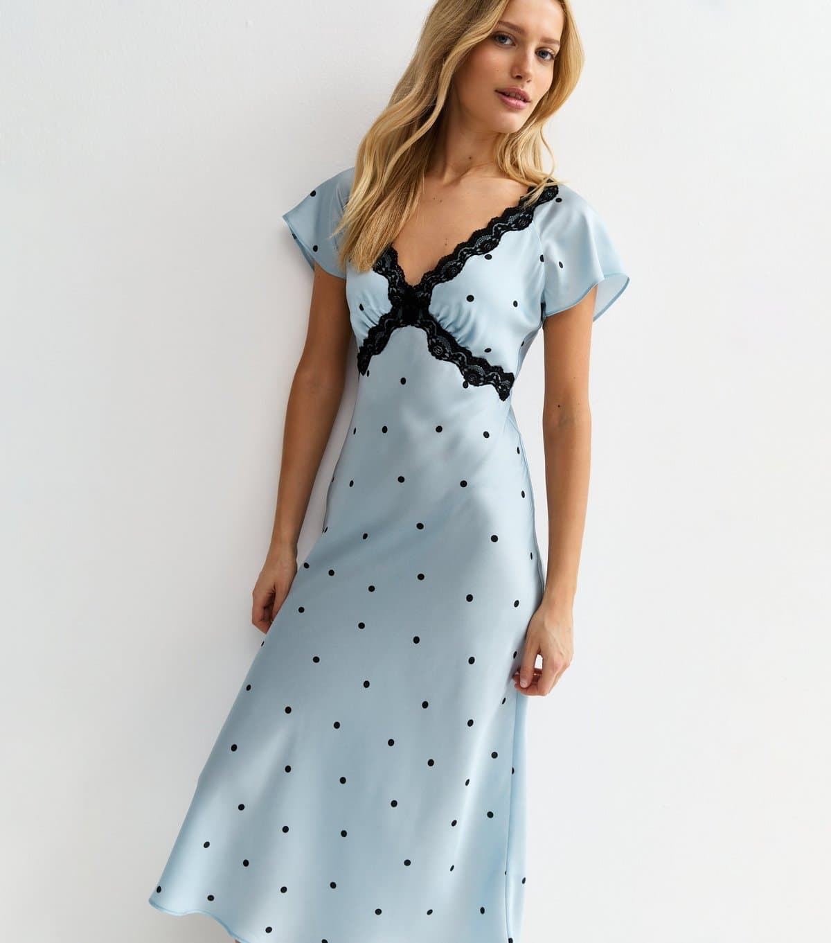 New Look Women's Blue Satin Polka Dot Lace Trim Midi Dress New Look