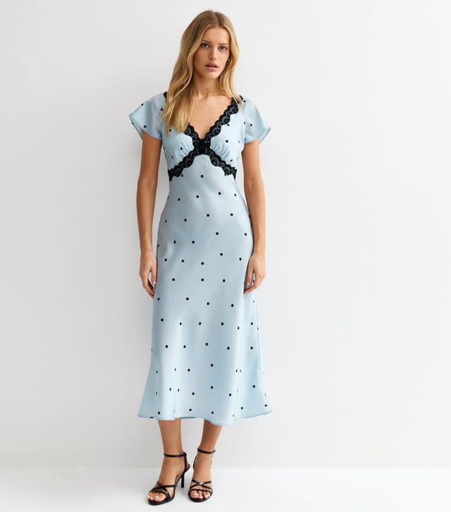 New Look Women's Blue Satin Polka Dot Lace Trim Midi Dress New Look - 3