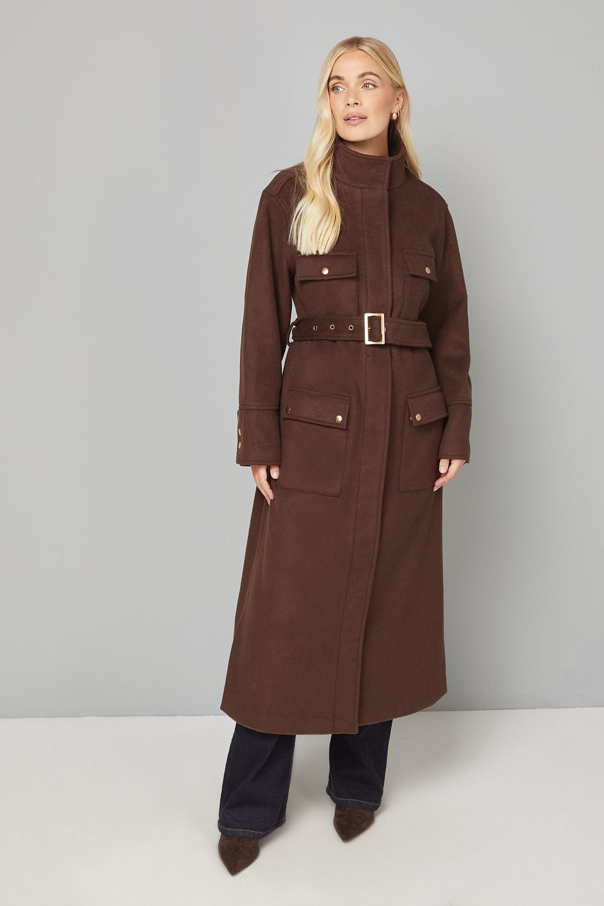 Wallis Wallis Women's Button Down Military Belted Collar Coat in Chocolate - 2