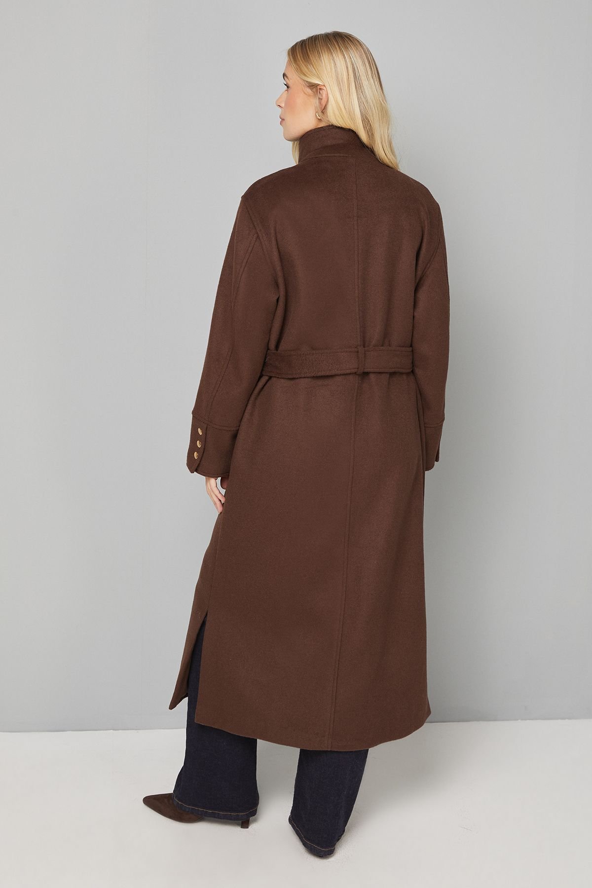 Wallis Wallis Women's Button Down Military Belted Collar Coat in Chocolate - 3