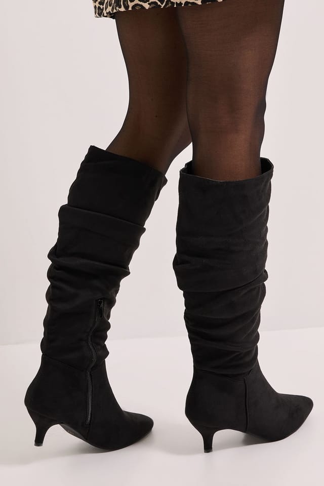 Dorothy Perkins Dorothy Perkins Women's Wide Fit Khloe Faux Suede Kitten Heel Knee High Ruched Boots in Natural Black - 3