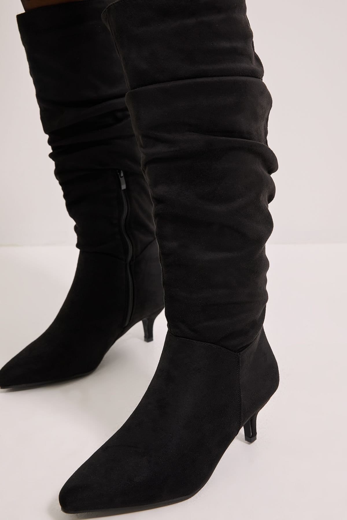 Dorothy Perkins Dorothy Perkins Women's Wide Fit Khloe Faux Suede Kitten Heel Knee High Ruched Boots in Natural Black - 4