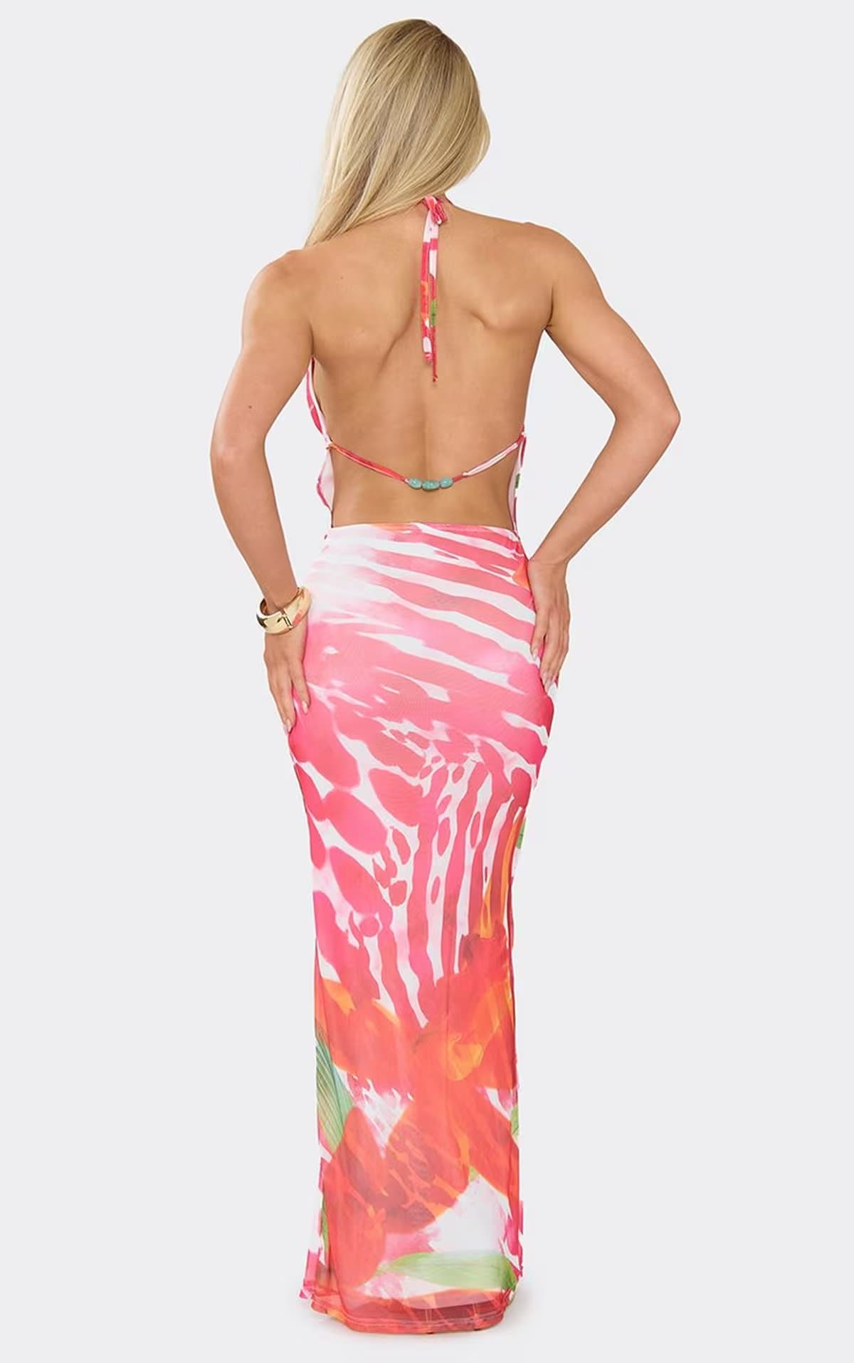 EGO Cowl Front Bead Trim Detail Maxi Dress In Multi Abstract Print Mesh, Women's Size UK 6