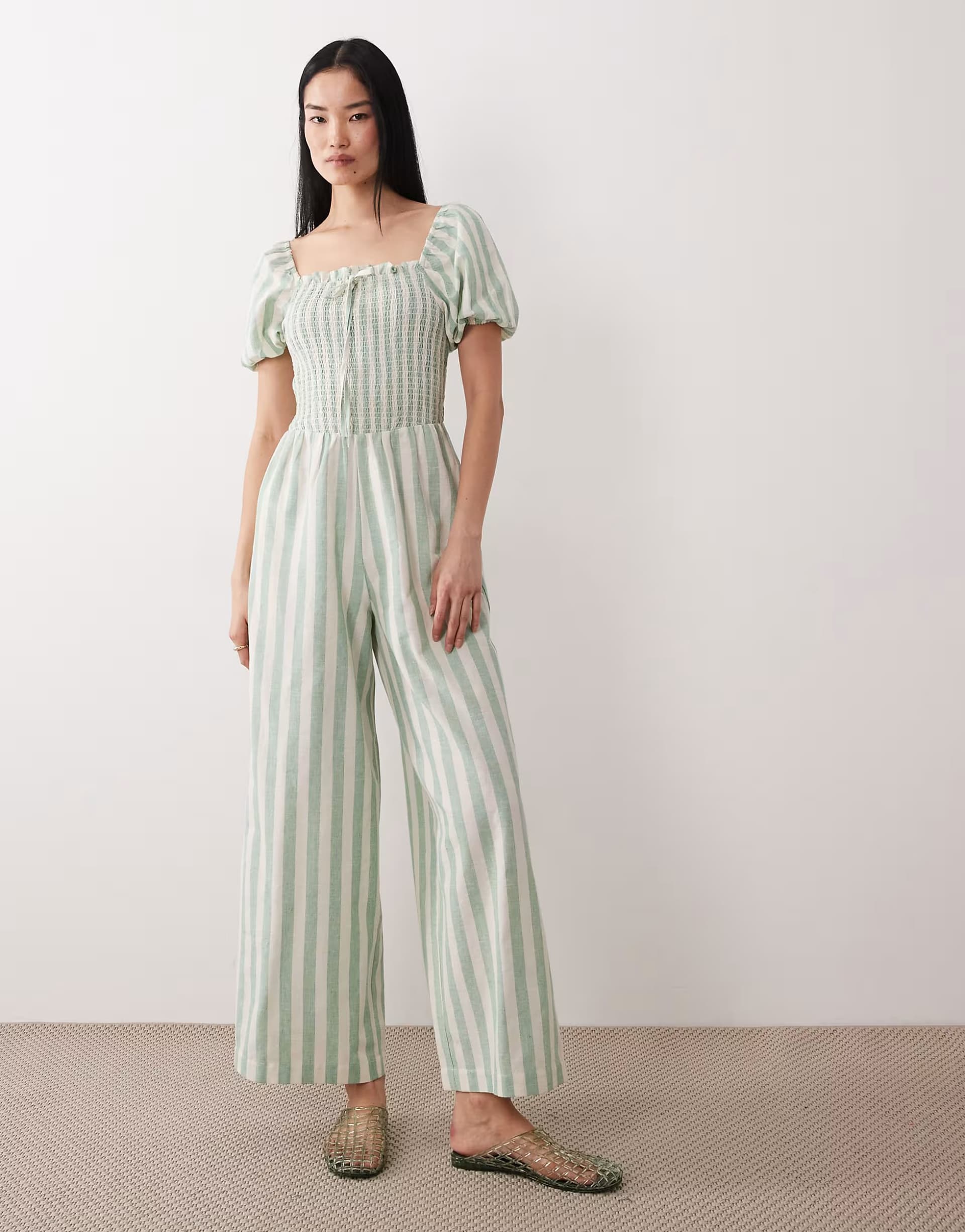ASOS Wednesday's Girl shirred short sleeve cotton jumpsuit in green stripe