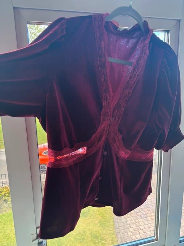 Never Fully Dressed Never Fully Dressed lace velvet puff sleeve top in burgundy